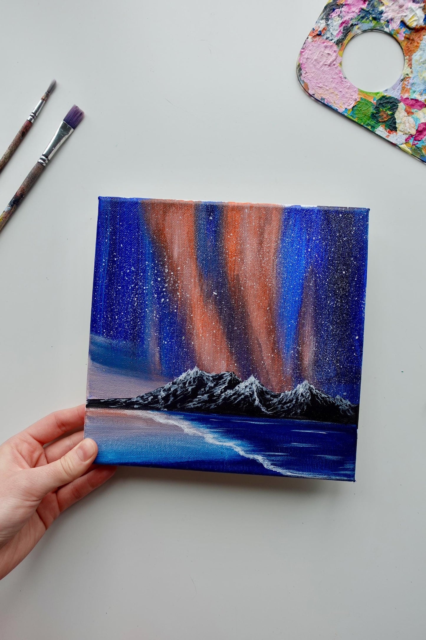 Original Northern Lights Painting: Acrylic Aurora Art on 8x8 Canvas