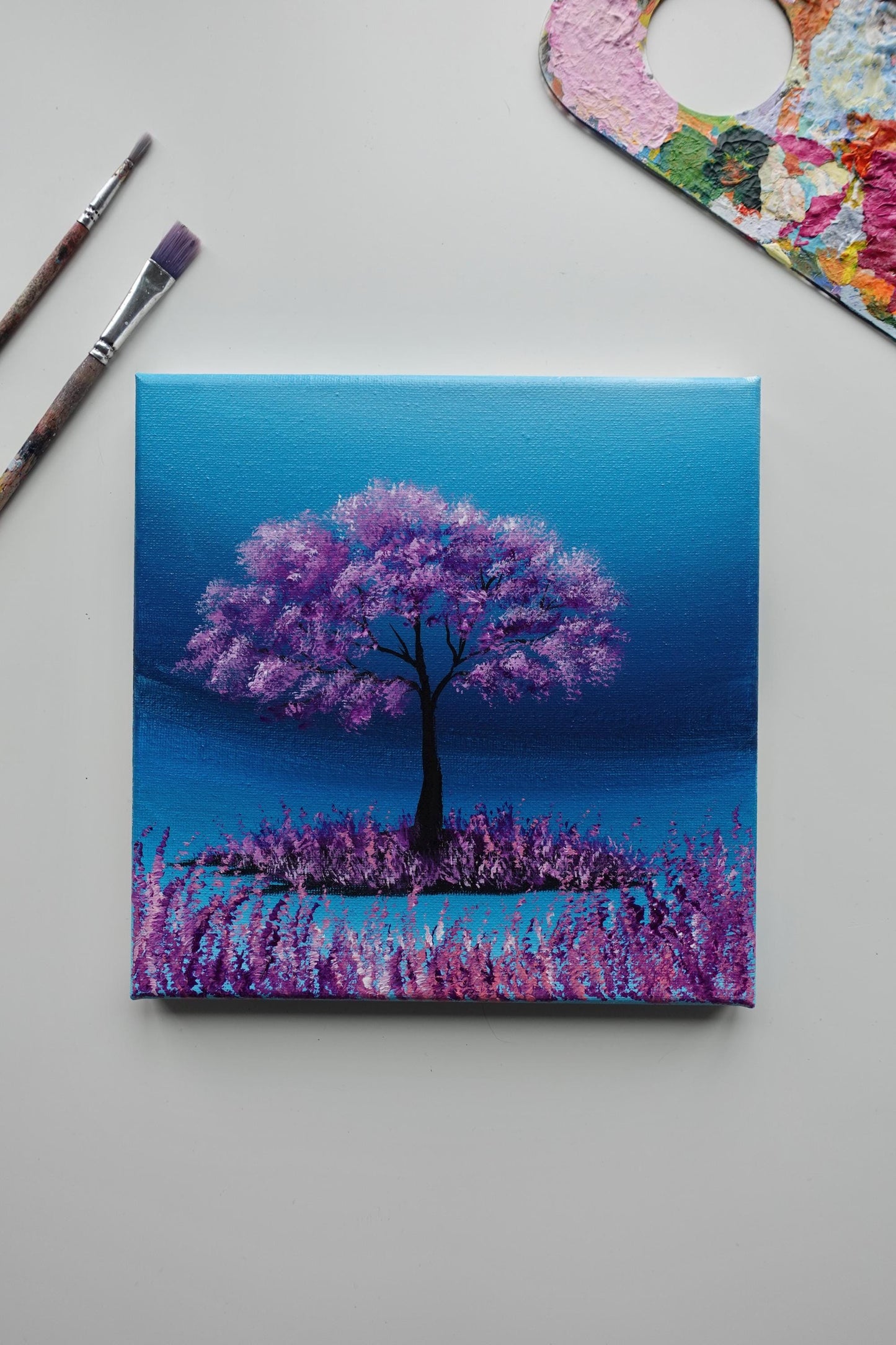 Purple Tree Painting: 8x8 Fantasy Landscape Acrylic Canvas