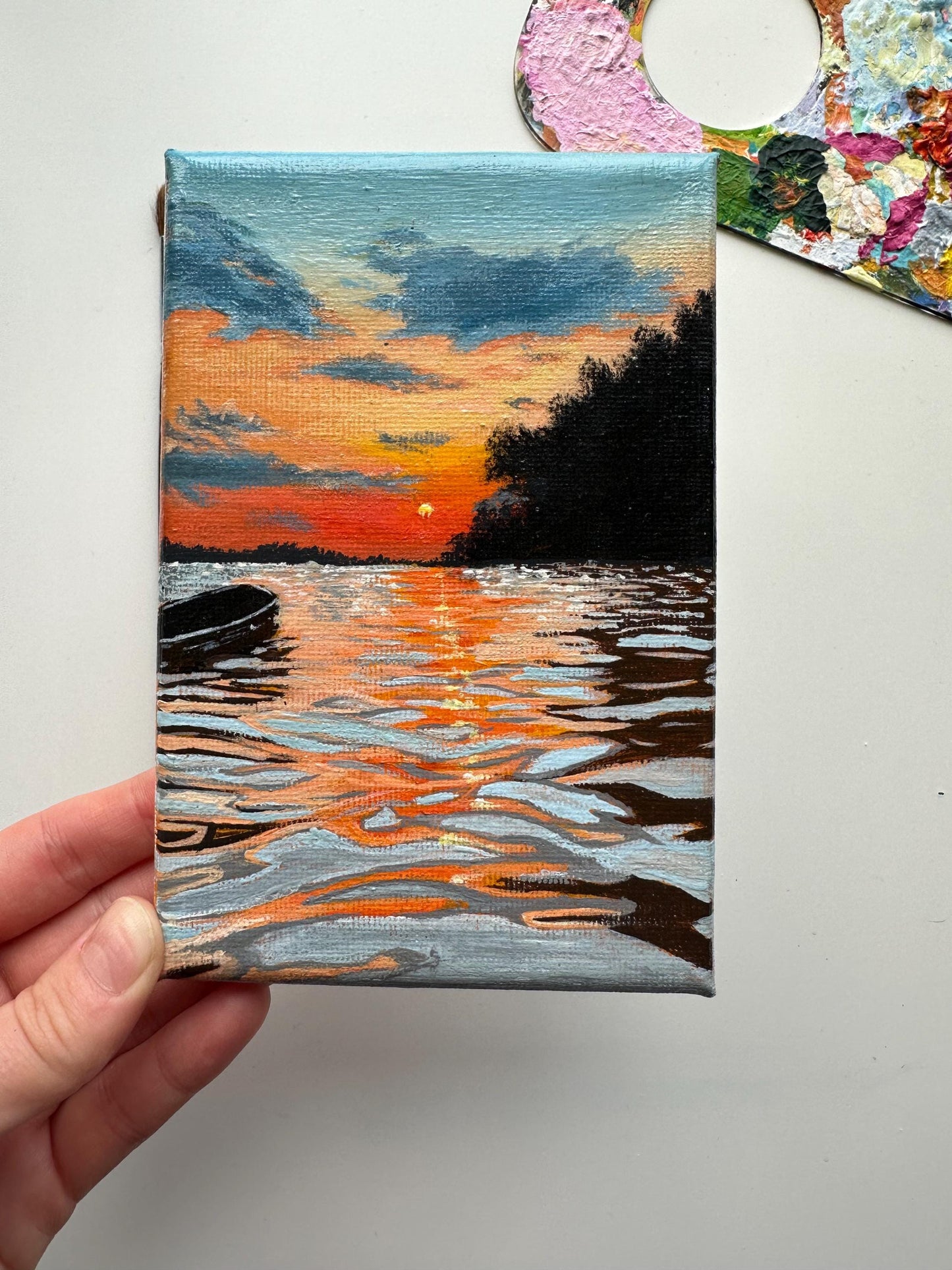 Original River Sunset Acrylic Painting: Golden Reflections (3x5 Canvas)