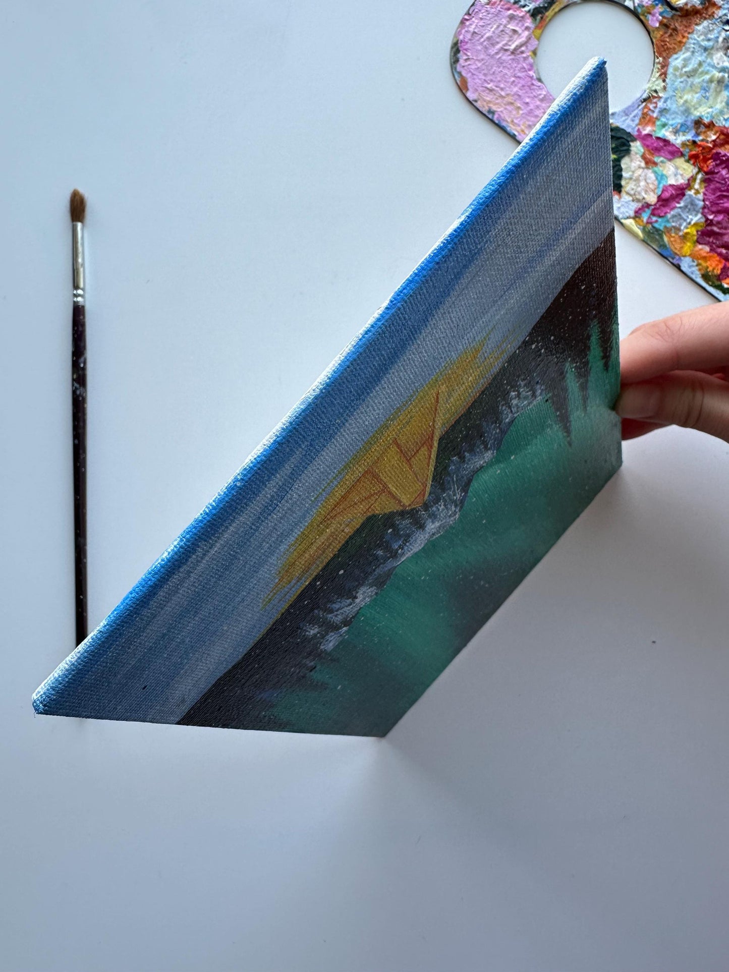 Hand-Painted Aurora Borealis Camping Scene | 5”x7” Original Canvas Art | Northern Lights Landscape