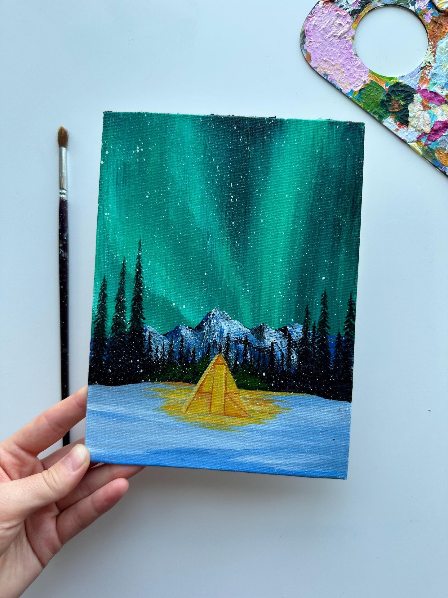 Hand-Painted Aurora Borealis Camping Scene | 5”x7” Original Canvas Art | Northern Lights Landscape