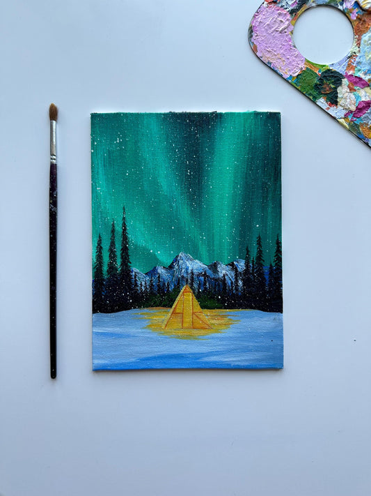 Beautiful northern light painting on canvas board. Northern lights by the mountain. Winter nightscape under aurora. Pine trees painting. Home decor art with vibrant colors.Original acrylic painting for gift.