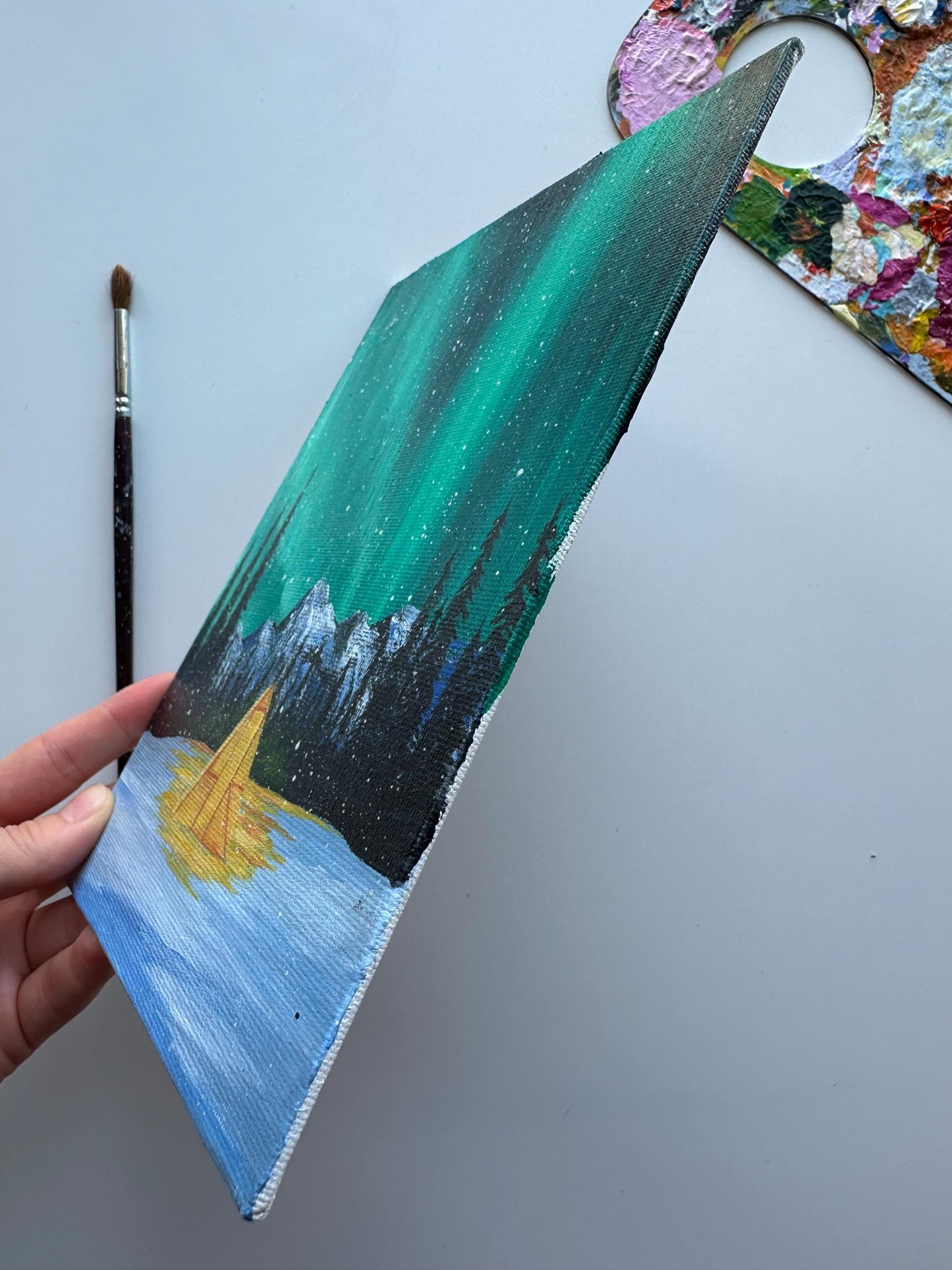Hand-Painted Aurora Borealis Camping Scene | 5”x7” Original Canvas Art | Northern Lights Landscape