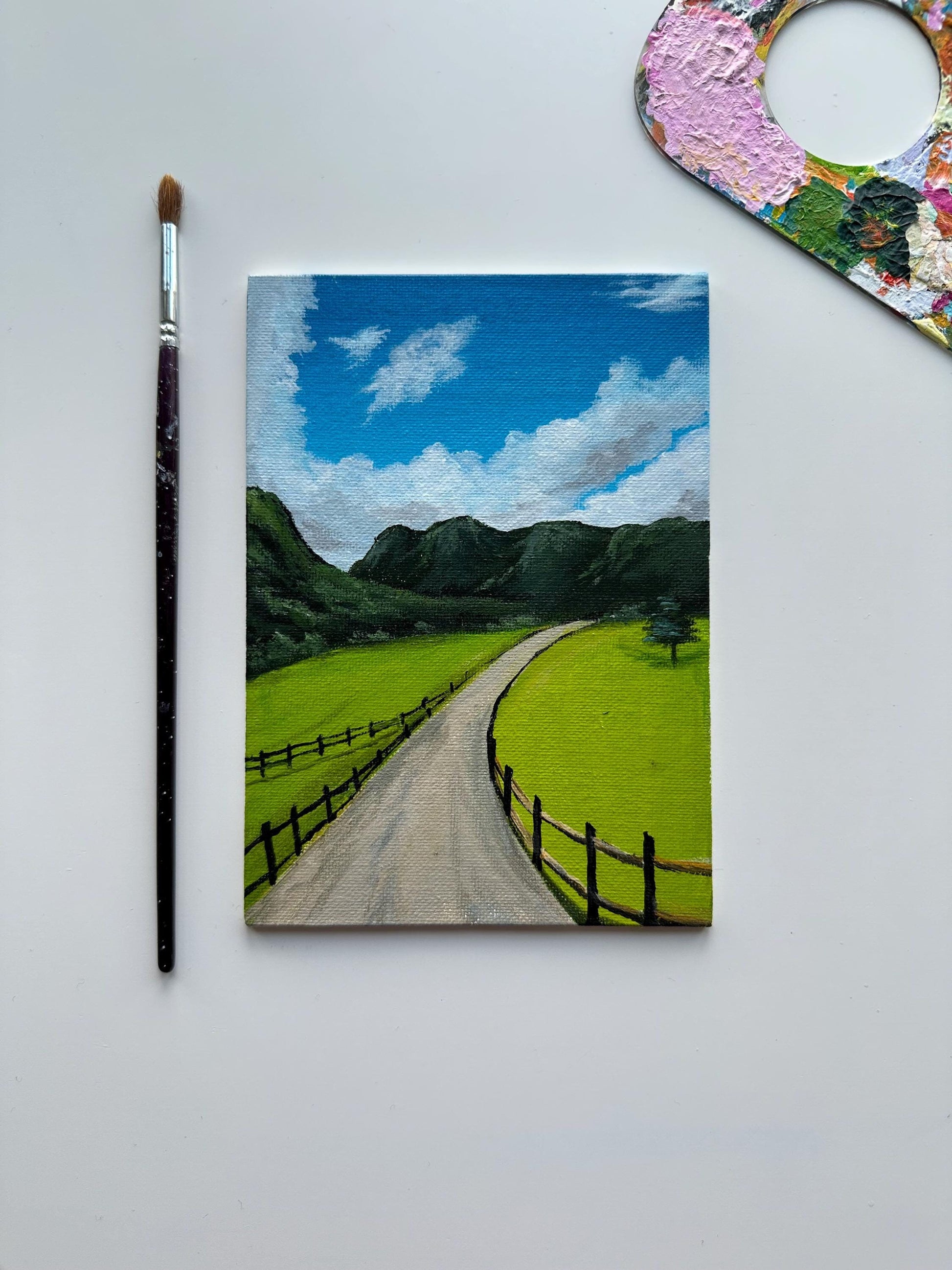 Vibrant colors acrylic painting on canvas board. 5”X7” size canvas board with beautiful scenery. Windows xp vibes acrylic painting by AB mini ART. Green field with mountains. Wall art decor