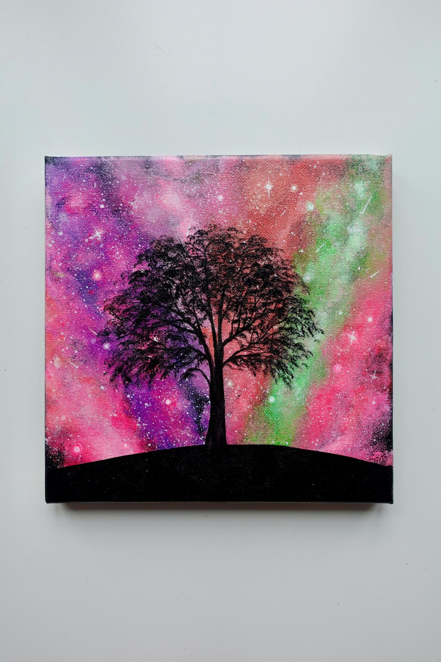 Cosmic Tree - 8x8 Original Hand-Painted Canvas | Galaxy Night Sky Wall Art | Celestial Landscape Decor