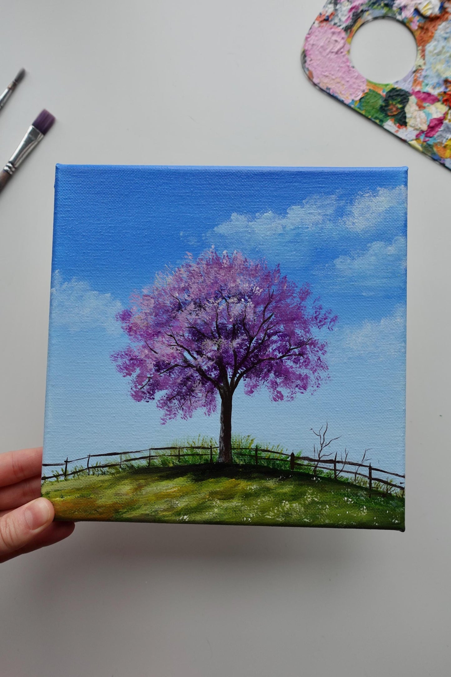 Cherry Blossom Tree Painting: Original Acrylic Garden Landscape (8x8)
