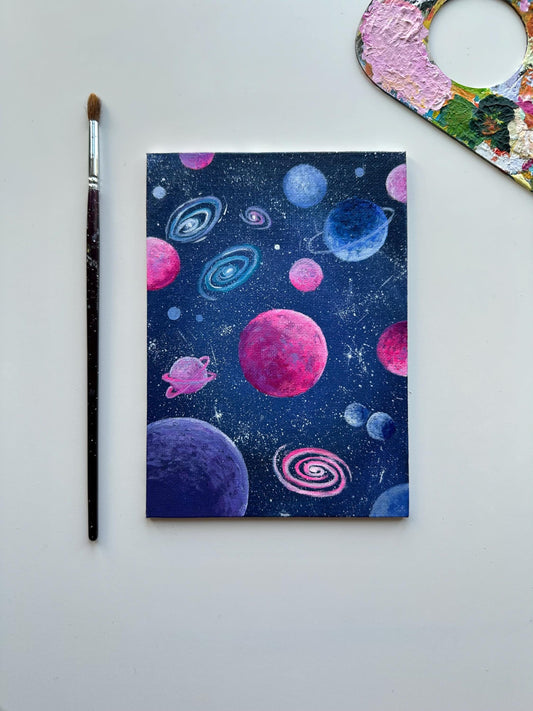 Starlit galaxy painting on canvas board by ab mini art. Acrylic painting on canvas panel with vibrant colors. Galaxy painting with fantasy milkyways. Wall art and home decoras gifts. Original hand painted artwork by artist.