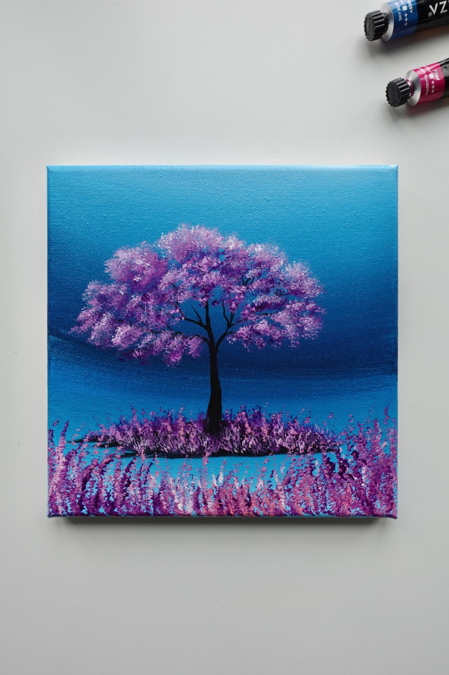 Purple Tree Painting: 8x8 Fantasy Landscape Acrylic Canvas