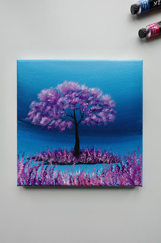 Purple Tree Painting: 8x8 Fantasy Landscape Acrylic Canvas
