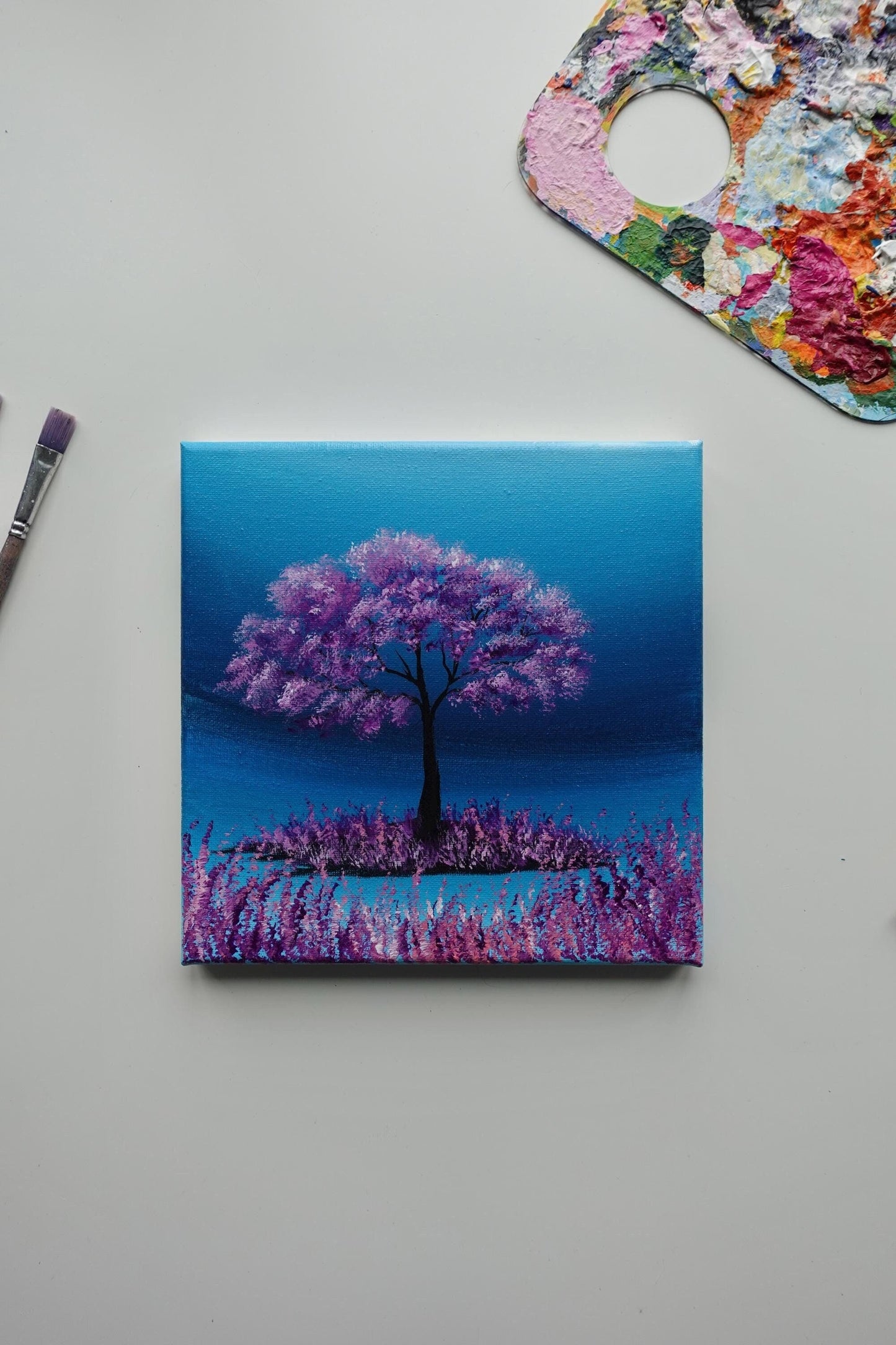 Blue fantsy acrylic painting on stretchhed canvas. Original wall art by AB mini ART. Hand painted beautiful painting with vibrant high quality acrylic paints. Purple dreamy tree fantasy artwork. Lavenders and tree painting