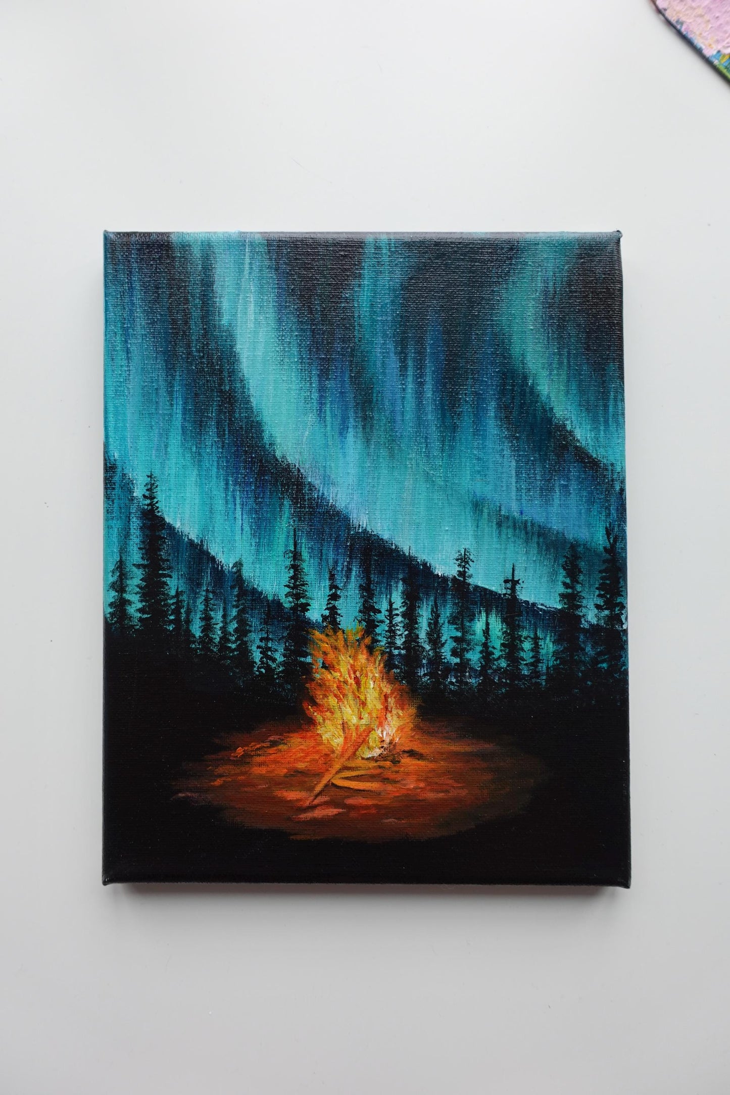 Aurora Borealis Painting: Campfire Night Sky Art (8x10 in)