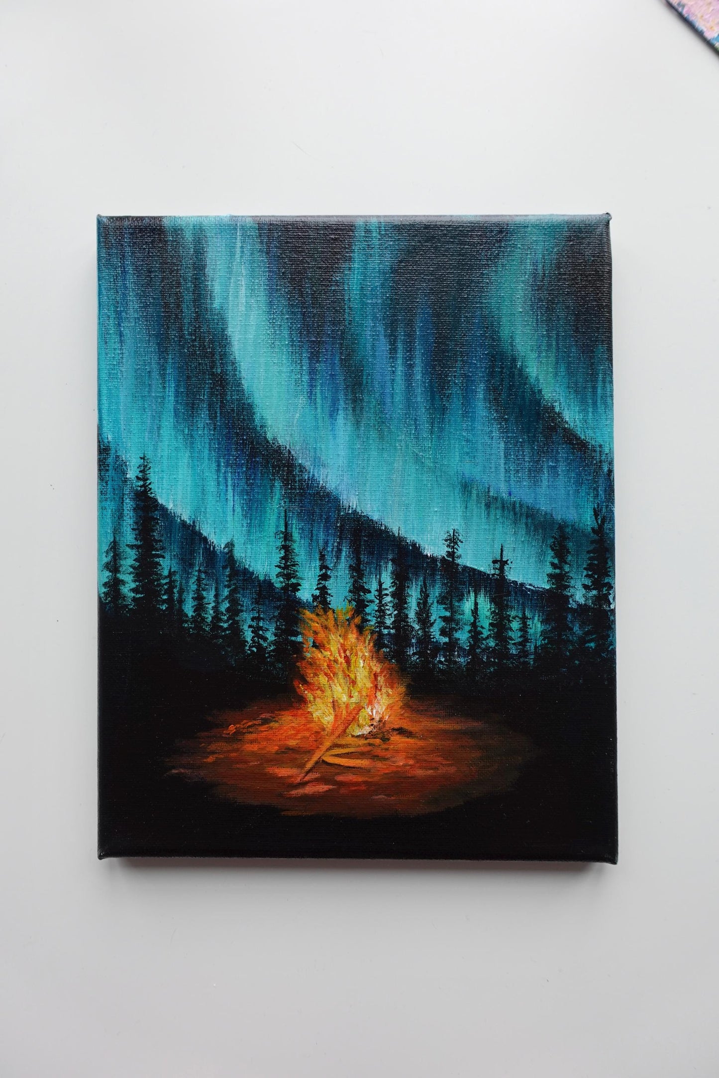 Aurora Borealis Painting: Campfire Night Sky Art (8x10 in)