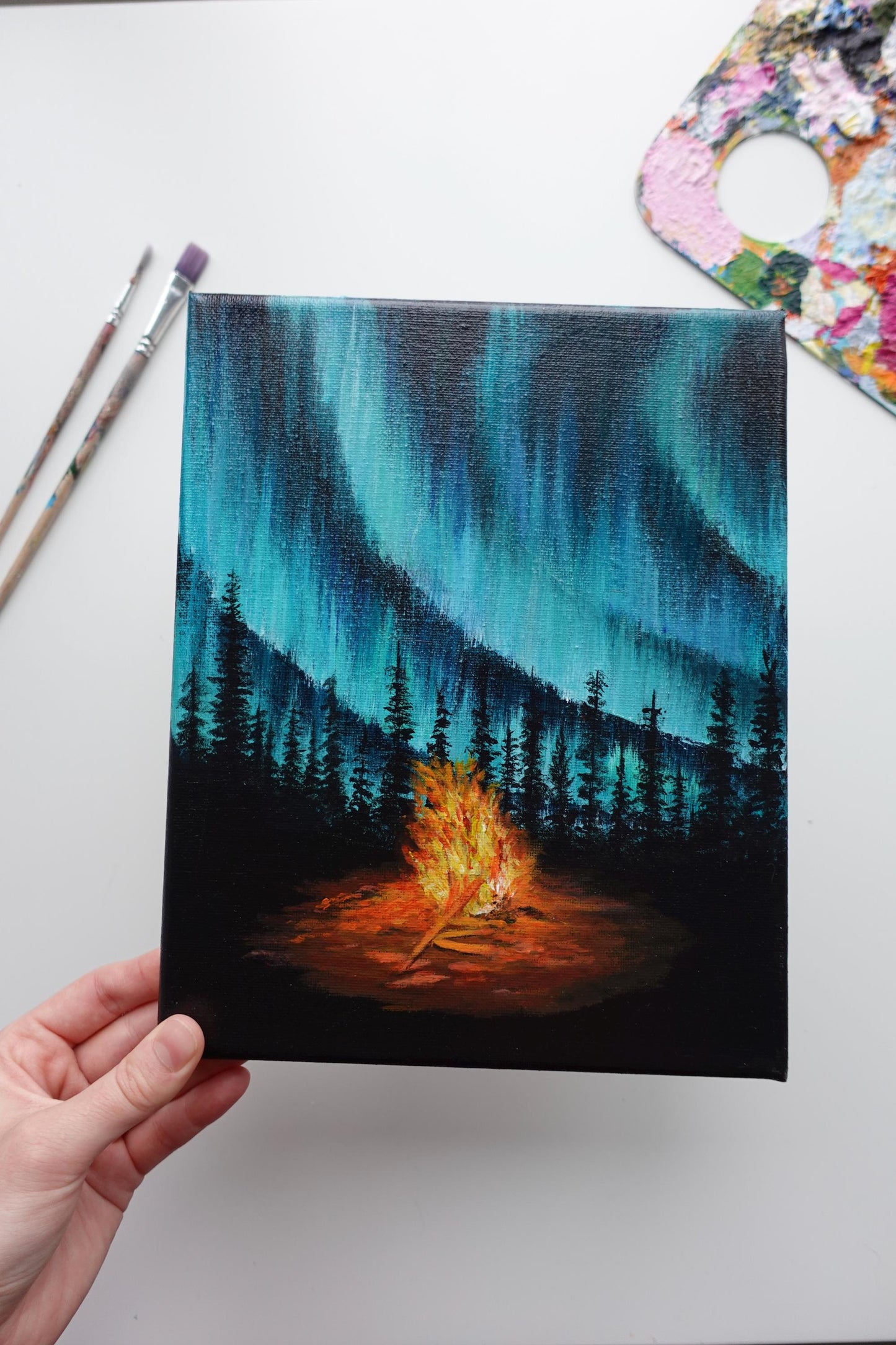 Aurora Borealis Painting: Campfire Night Sky Art (8x10 in)