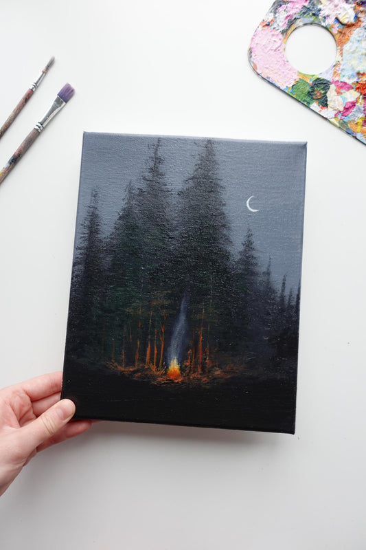 Moonlit Campfire Painting: Original Night Forest Acrylic Art (8x10 in)
