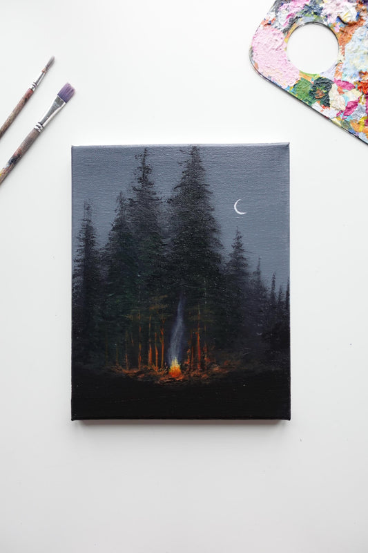 Moonlit Campfire Painting: Original Night Forest Acrylic Art (8x10 in)