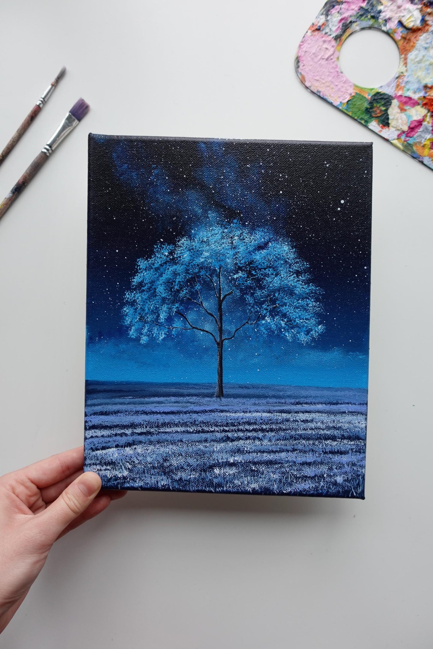 Original Starry Night Tree Painting: 8x10 Acrylic Landscape Art