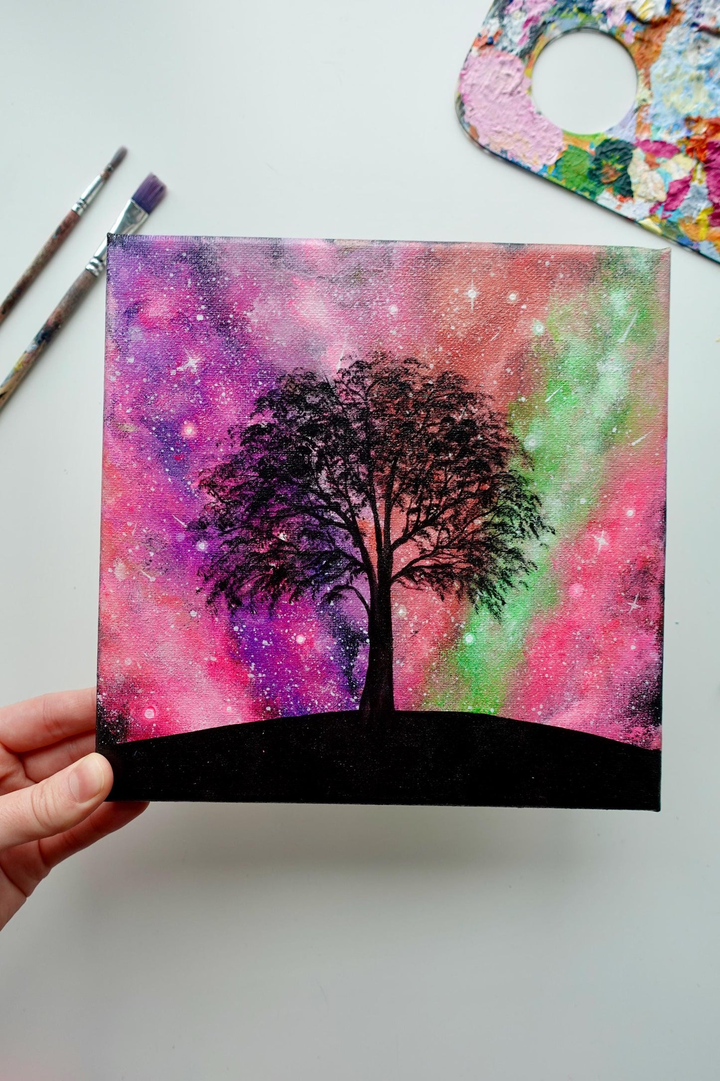 Cosmic Tree - 8x8 Original Hand-Painted Canvas | Galaxy Night Sky Wall Art | Celestial Landscape Decor