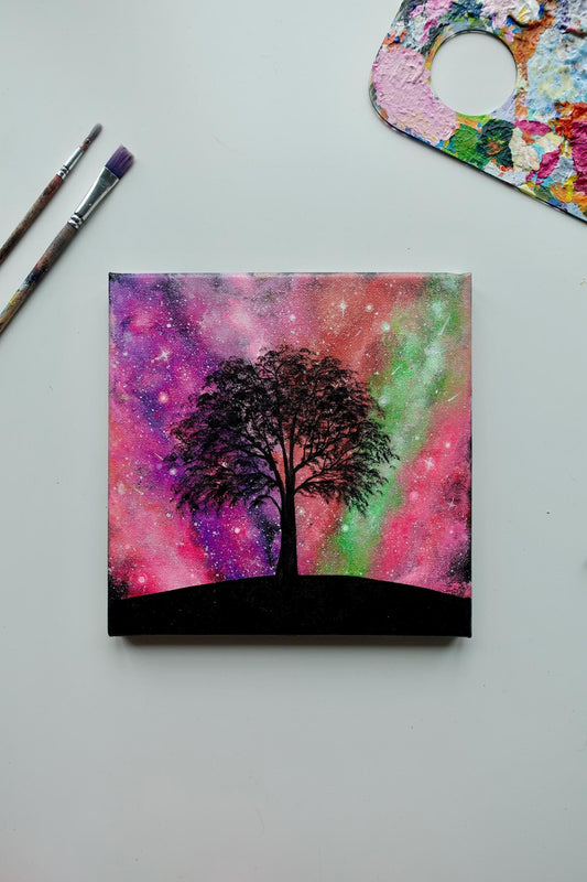 Acrylic galaxy painting on stretched canvas with vibrant acrylic paints. Beautiful original painting for wall art and home decor. Cosmic tree galaxy painting on canvas.