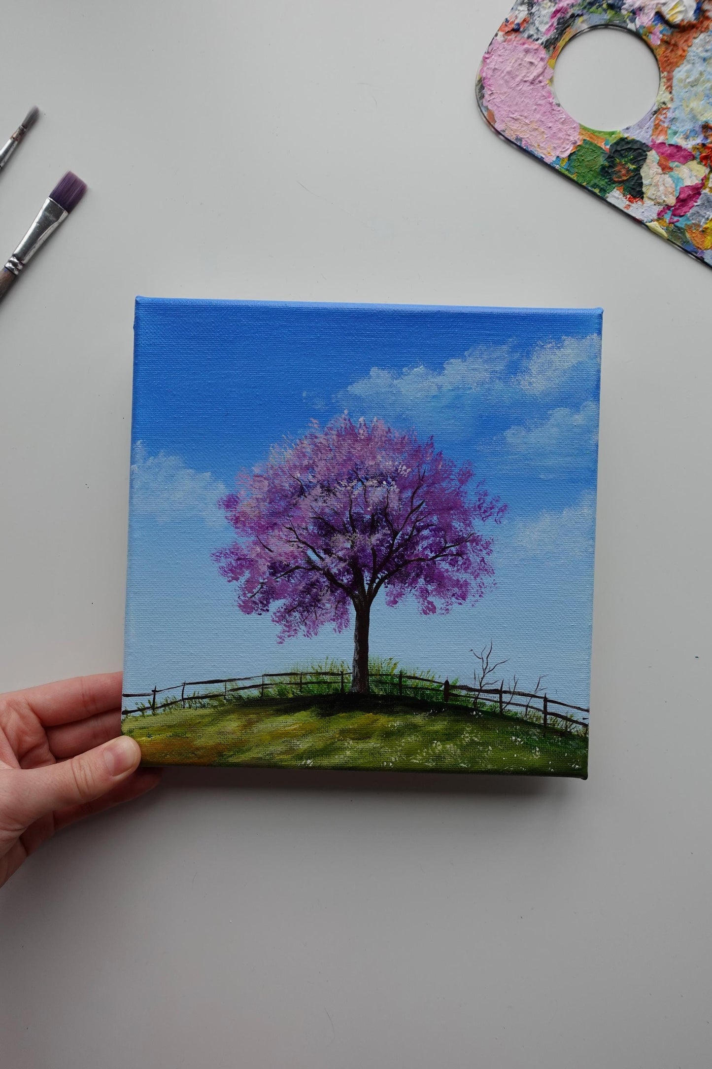 Cherry Blossom Tree Painting: Original Acrylic Garden Landscape (8x8)