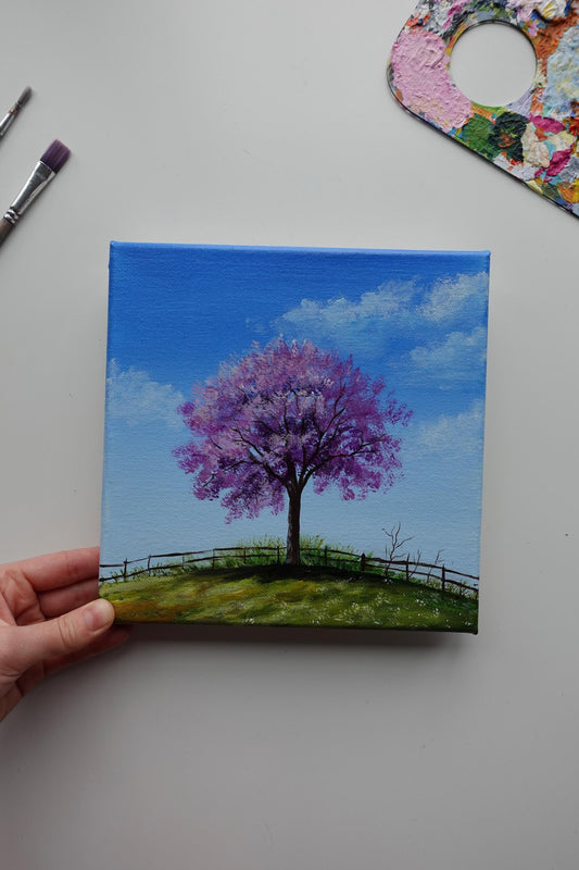 Cherry Blossom Tree Painting: Original Acrylic Garden Landscape (8x8)