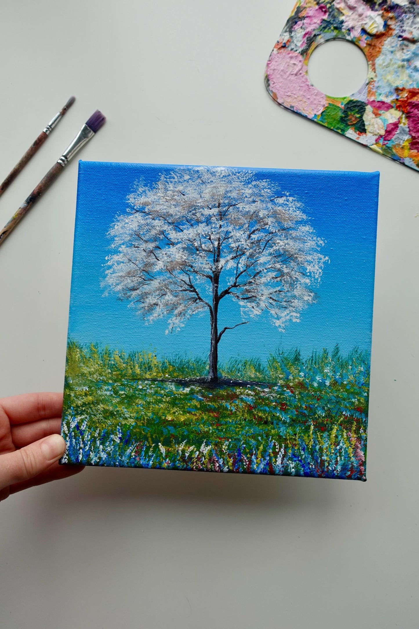 Blossom Tree Painting: 8x8 Original Acrylic Canvas Art
