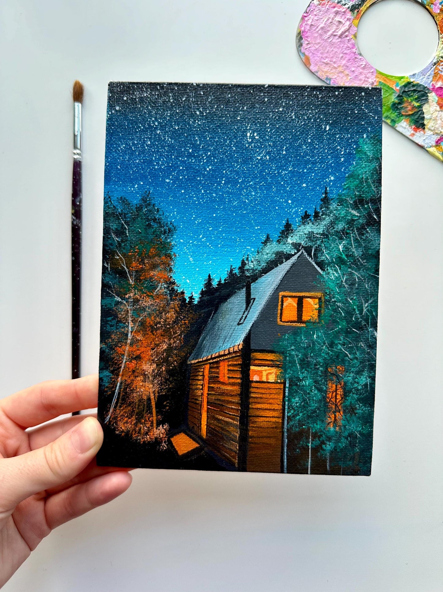 Rustic Cabin Under a Starry Sky - 5x7” Original Hand-Painted Landscape on Canvas Board