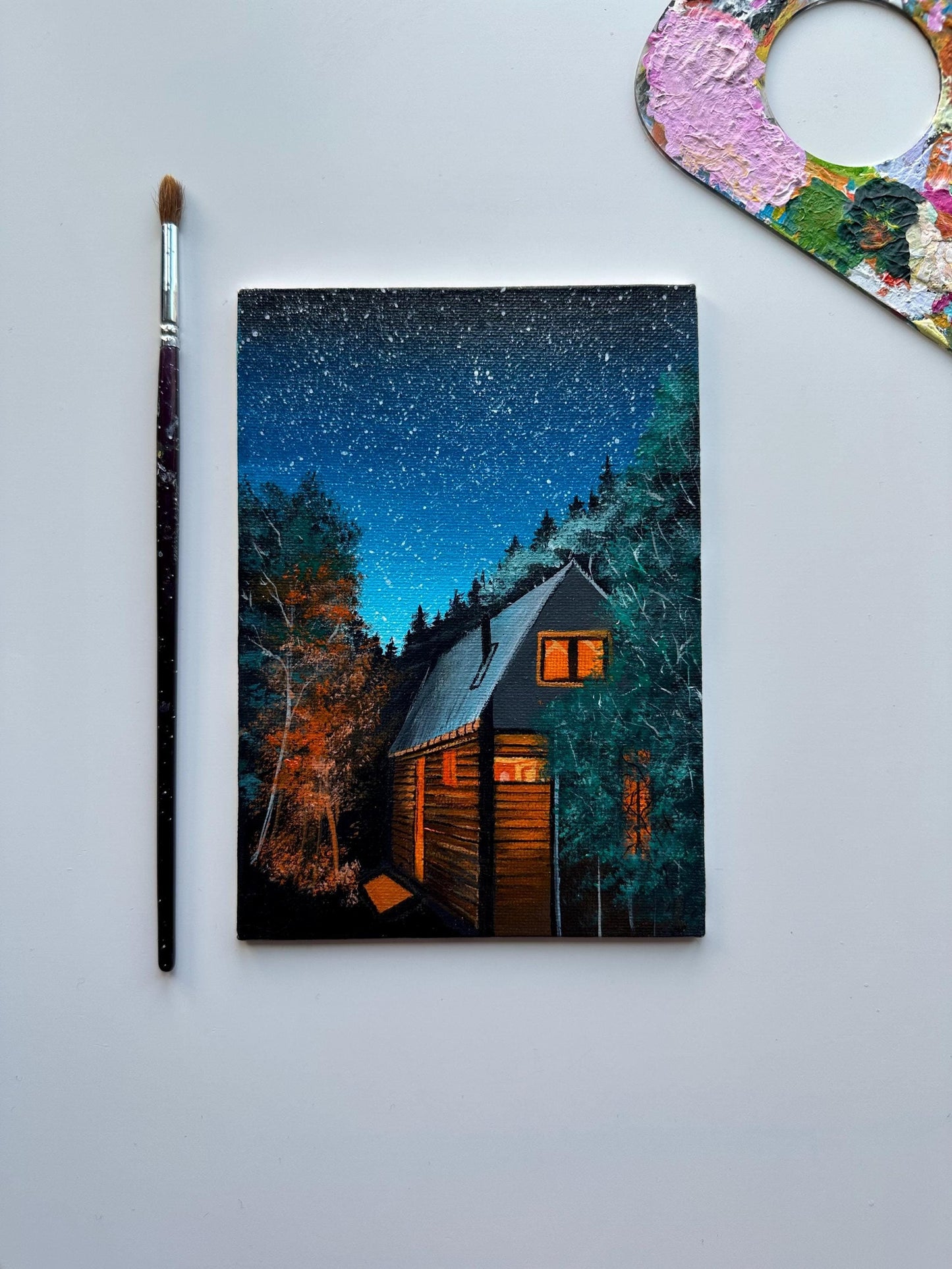 Cozy cabin acrylic painting on canvas board by ab mini art.House painting in the woods. Vibrant color acrylic artwork. Home decor and wall art for gifts. Forest painting with vibrant colors. Dark artworks