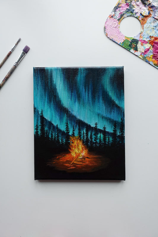 Aurora Borealis Painting: Campfire Night Sky Art (8x10 in)