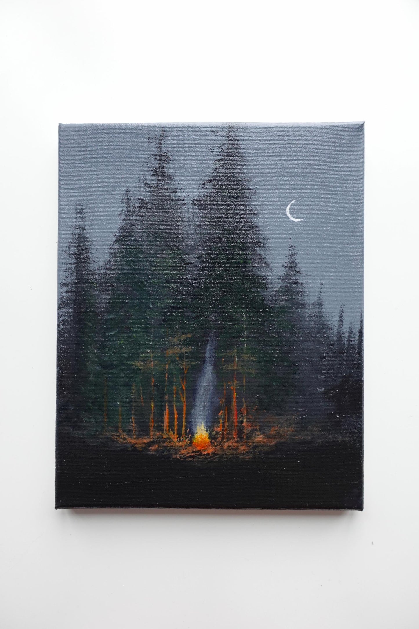Moonlit Campfire Painting: Original Night Forest Acrylic Art (8x10 in)