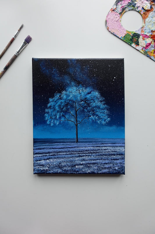 Original Starry Night Tree Painting: 8x10 Acrylic Landscape Art