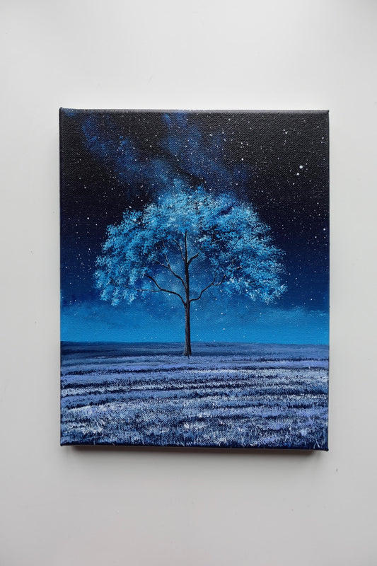 Original Starry Night Tree Painting: 8x10 Acrylic Landscape Art