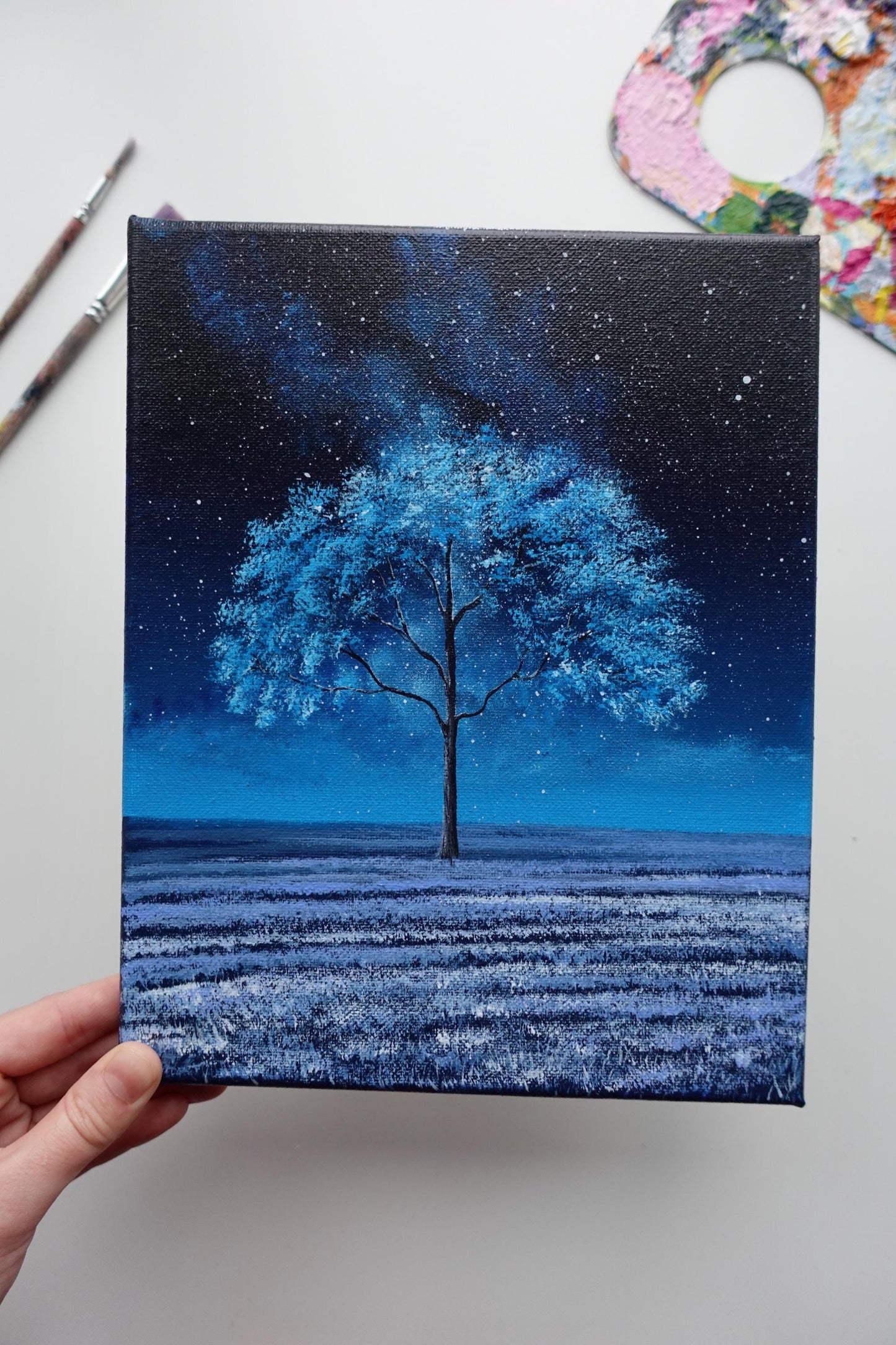 Original Starry Night Tree Painting: 8x10 Acrylic Landscape Art
