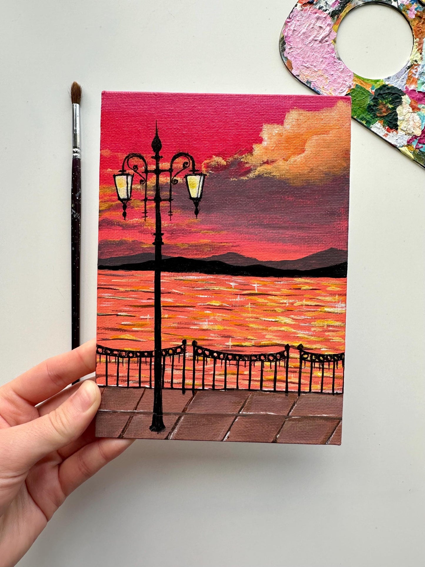 Sunset Glow by the Lake – Original 5”x7” Acrylic Painting | Wall Art Decor