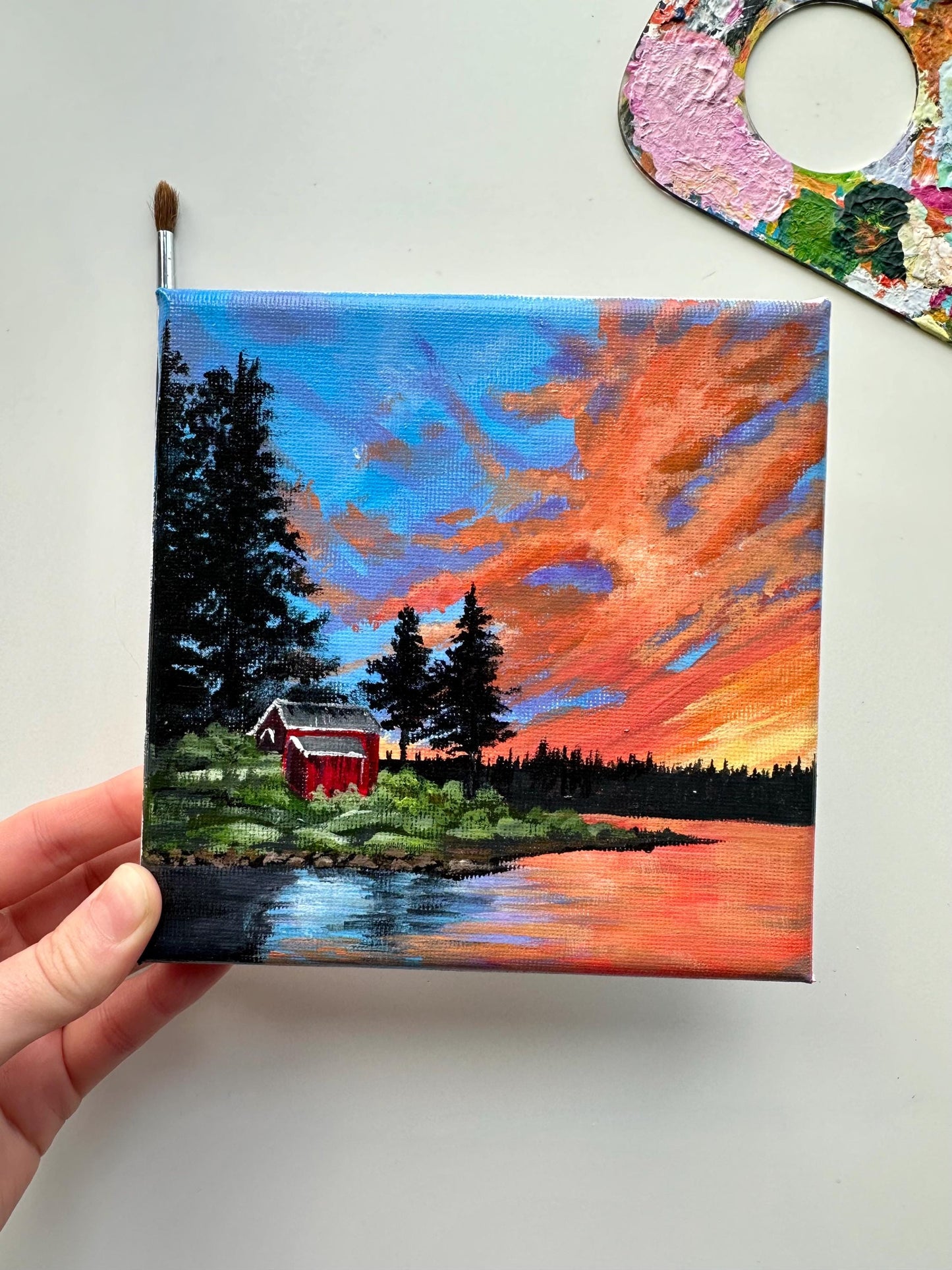 Cozy Lakeside Cabin at Sunset – Original 6”x6” Acrylic Painting | Wall Art Decor