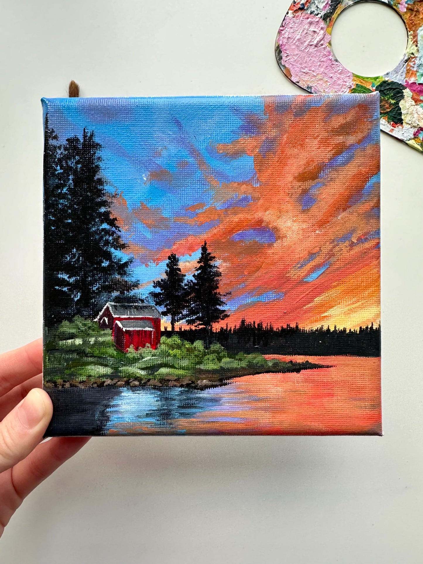 Cozy Lakeside Cabin at Sunset – Original 6”x6” Acrylic Painting | Wall Art Decor