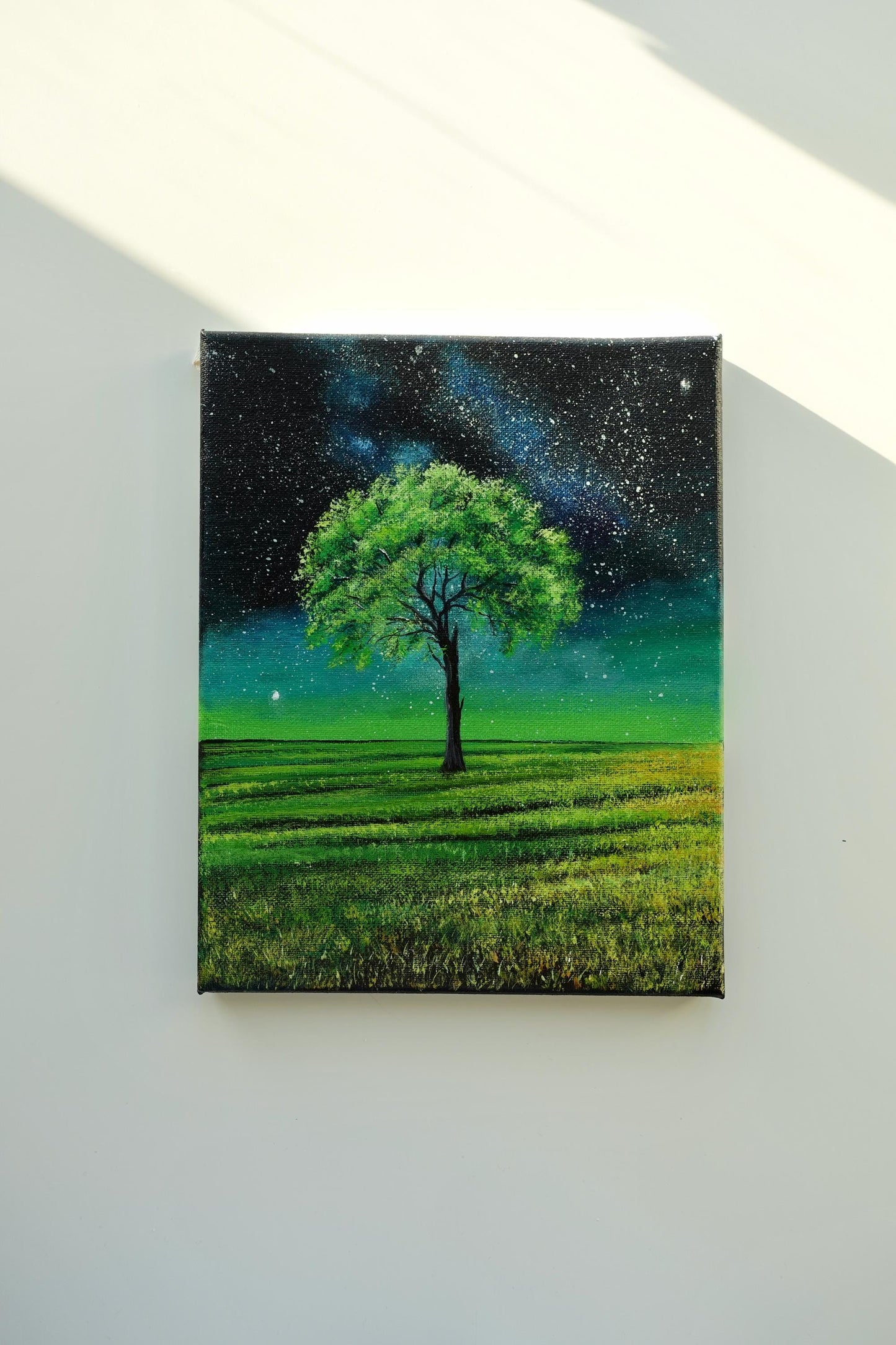 Lust, lone tree under a starry night acrylic painting on canvas by AB mini ART. Original landscape artwork for home decor wall art gifts. Vibrant green tree painting on stretched canvas