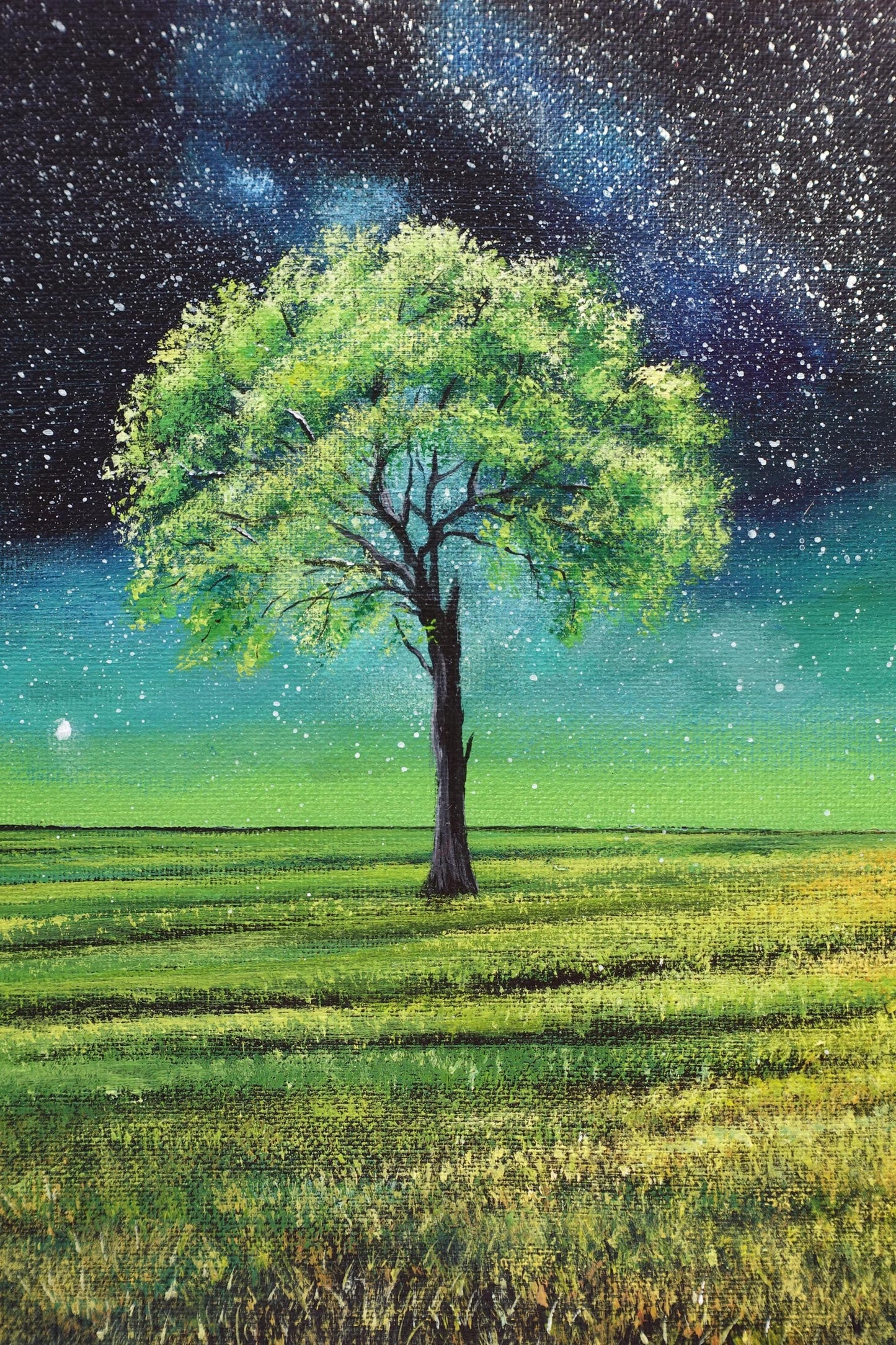 Lush Tree Under the Starry Night Sky – Tranquil Nature Landscape Original 8”x10” Acrylic Painting