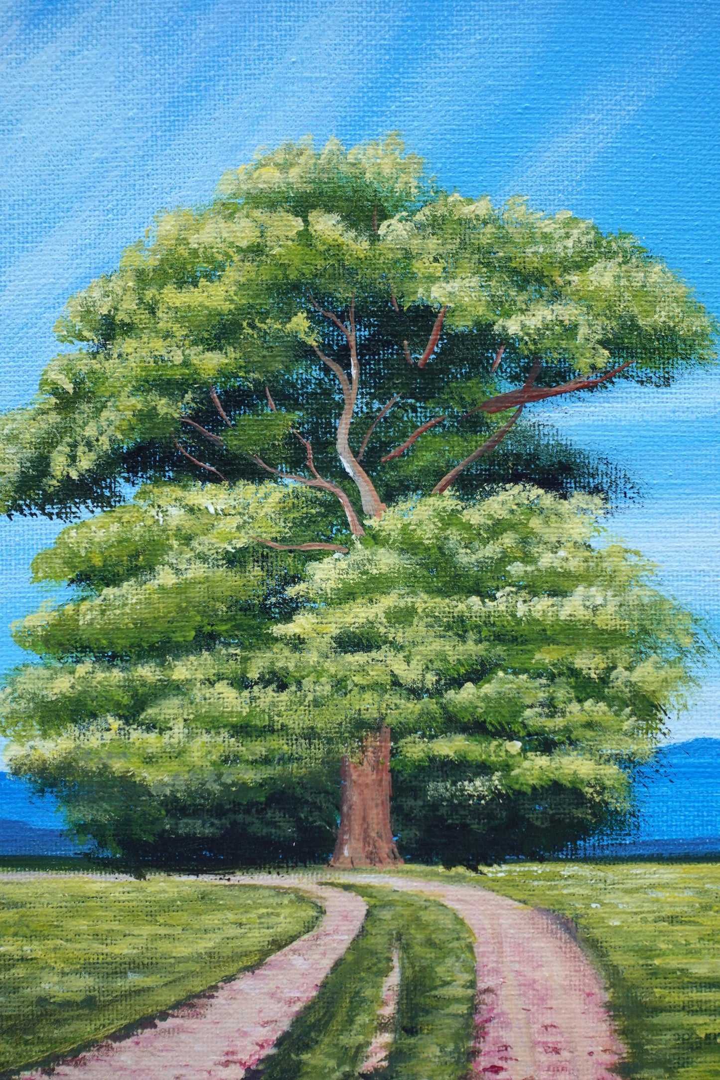 Oak Tree Acrylic Painting: Countryside Road, Original Art 8x8