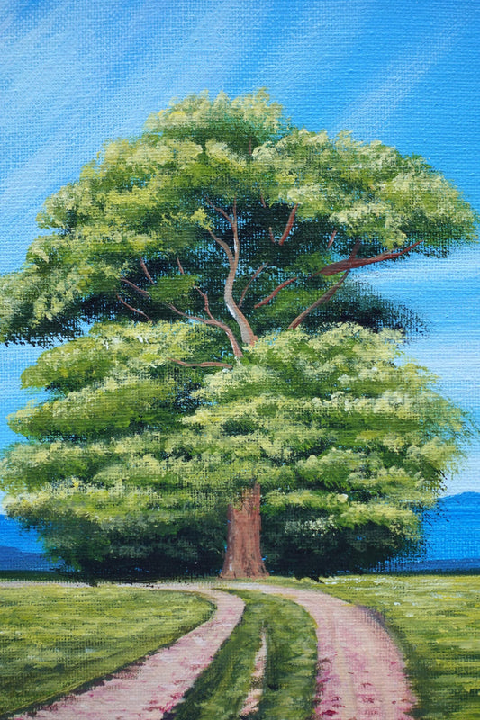 Oak Tree Acrylic Painting: Countryside Road, Original Art 8x8