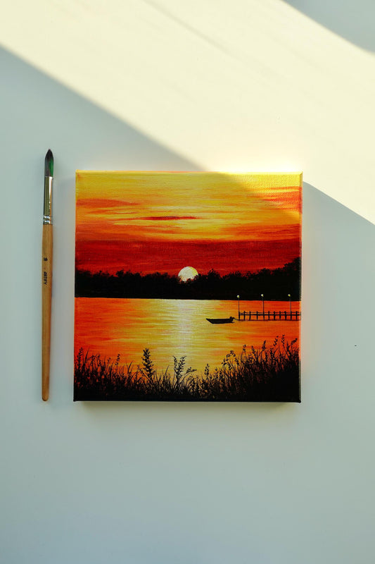 Golden Hour Serenity – Peaceful Waterscape with Boat and Dock 8”x8” Original Acrylic Painting