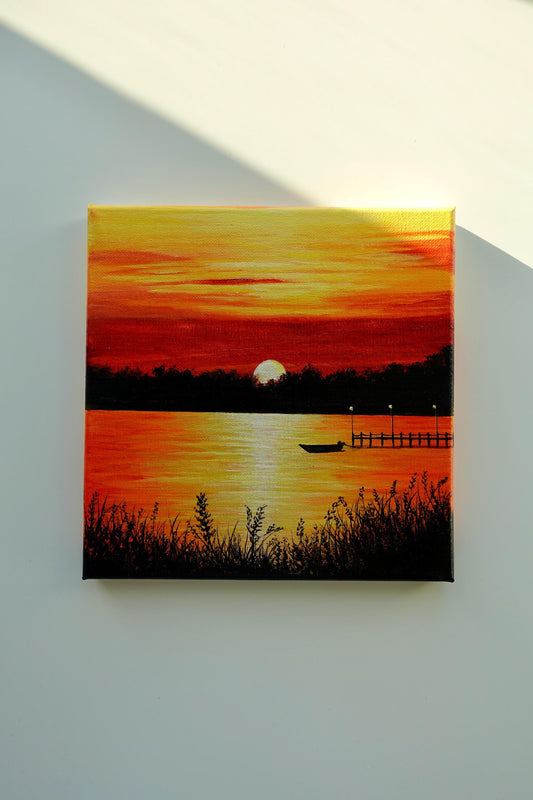 Golden Hour Serenity – Peaceful Waterscape with Boat and Dock 8”x8” Original Acrylic Painting