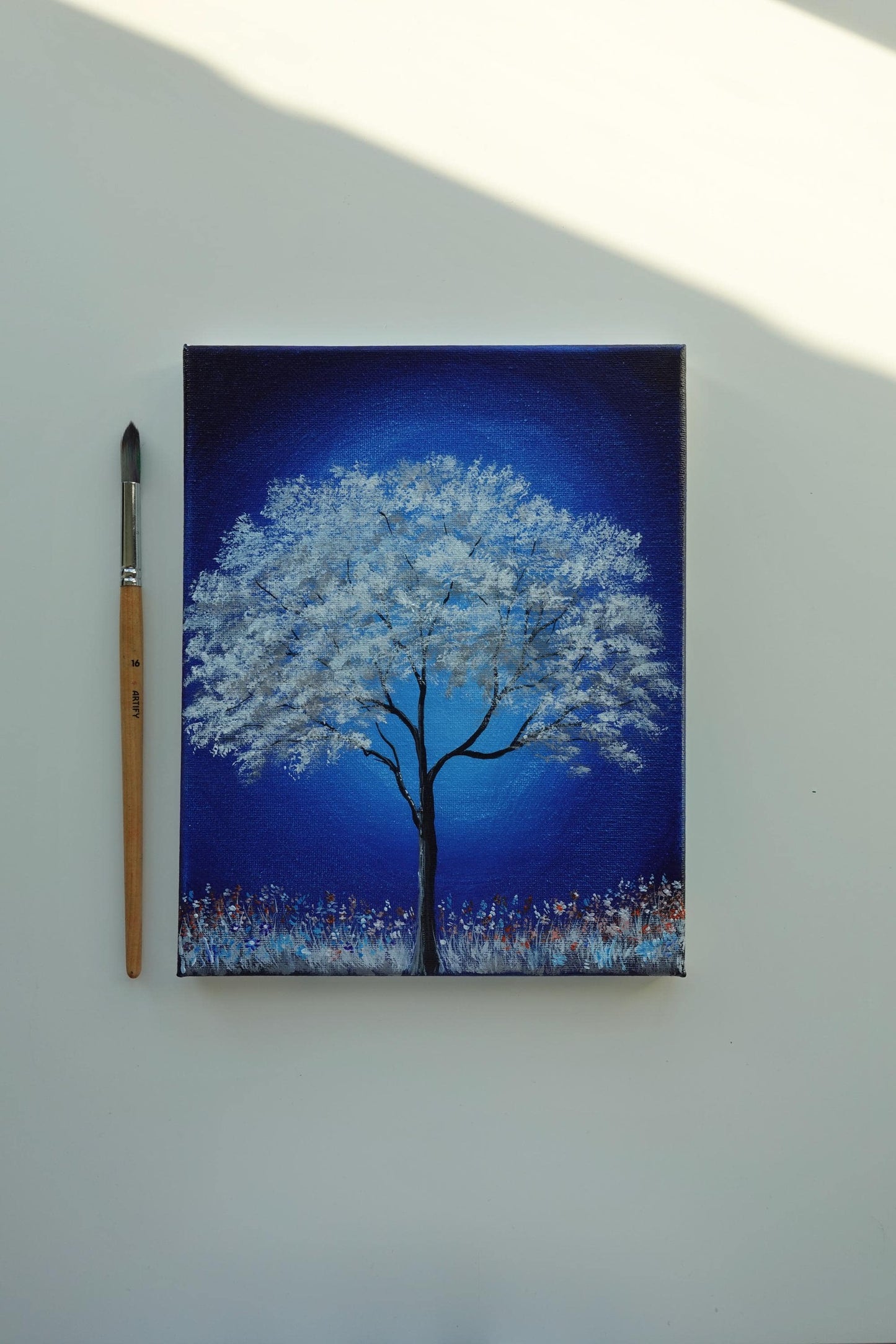 Ethereal Glow: White Tree Under a Midnight Sky - Original 8x10” Acrylic Painting