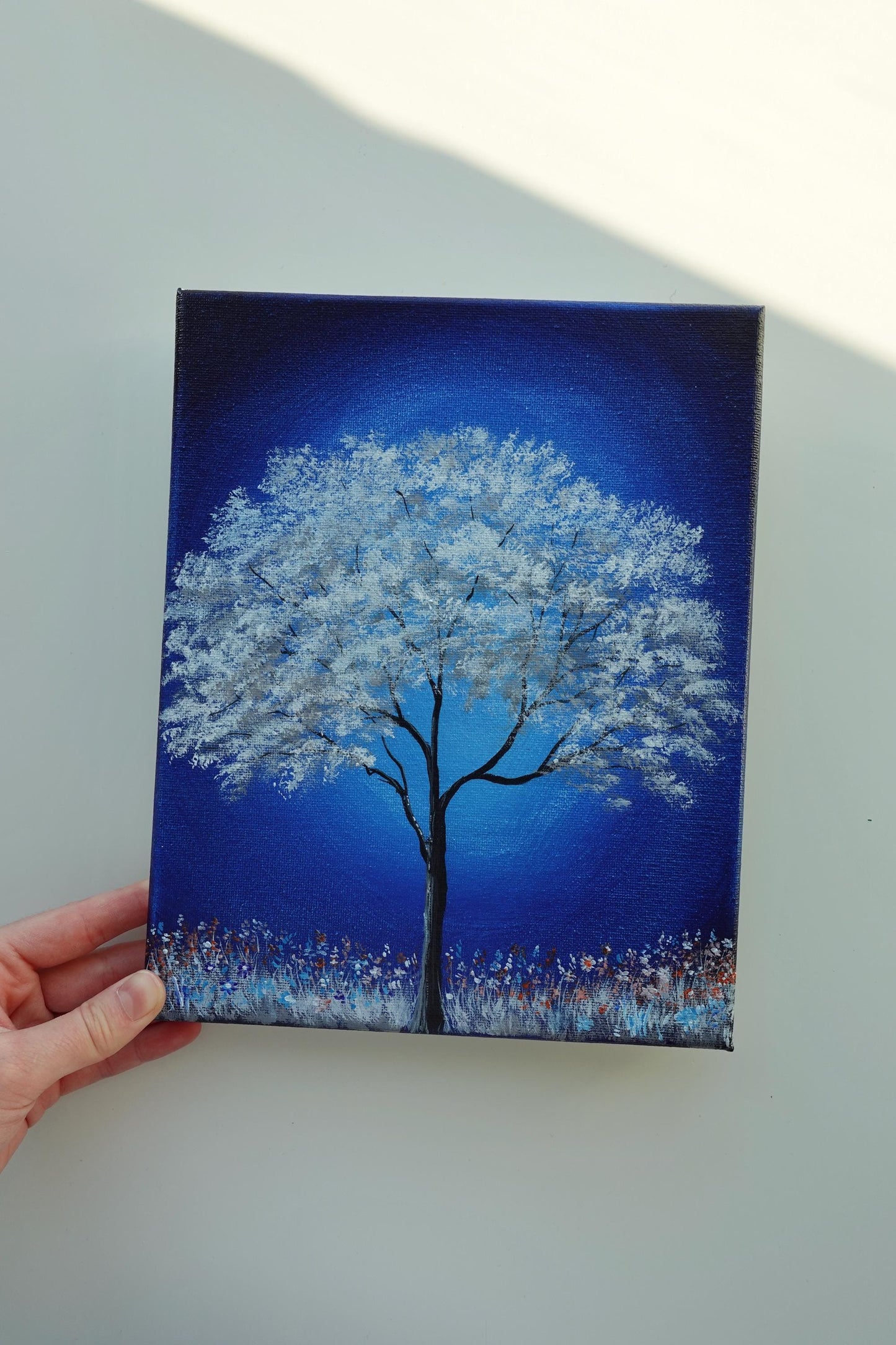 Ethereal Glow: White Tree Under a Midnight Sky - Original 8x10” Acrylic Painting