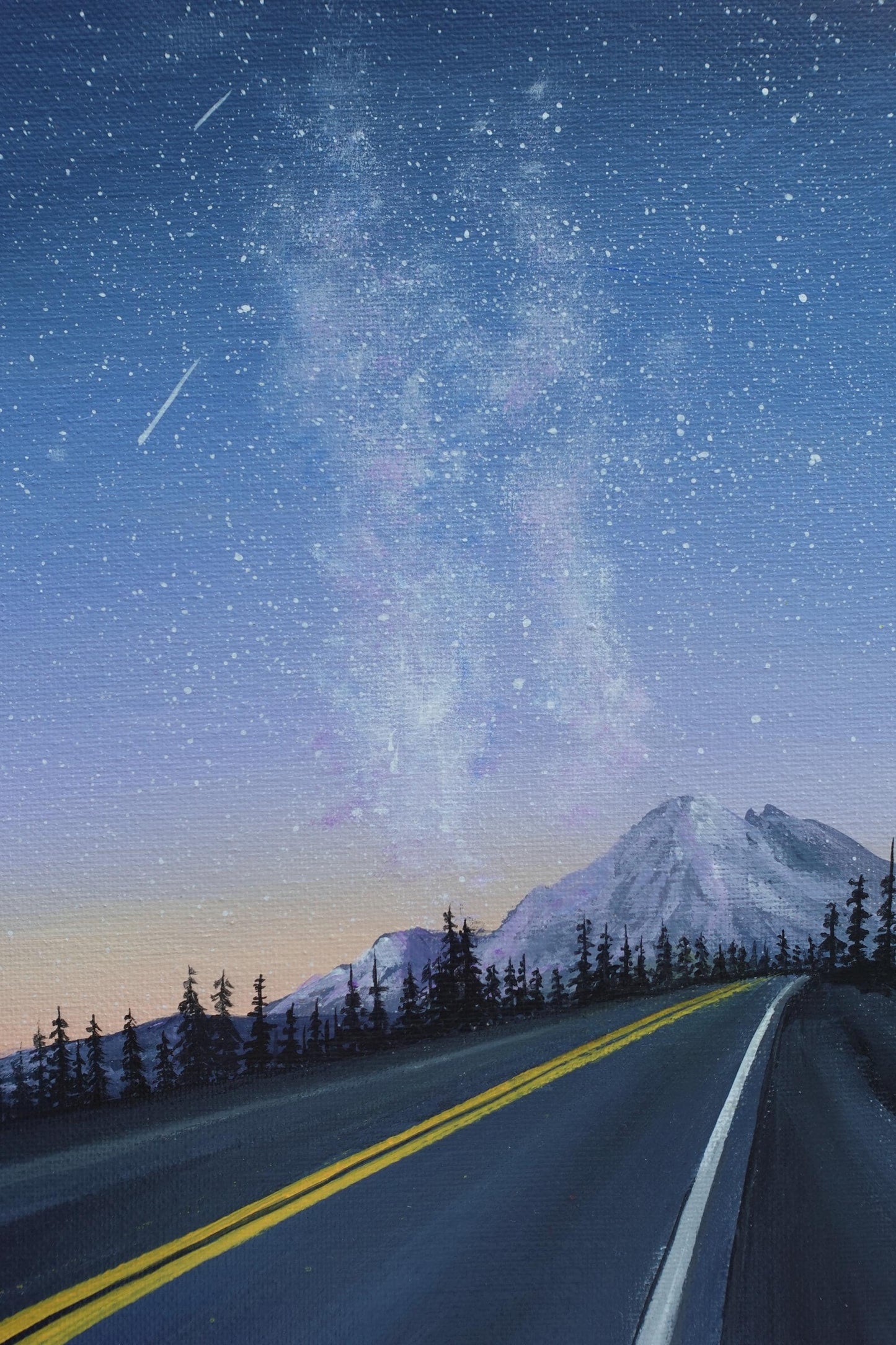 Road to the Stars: Mountain Highway Under a Starry Night - Original 8x10” Acrylic Painting