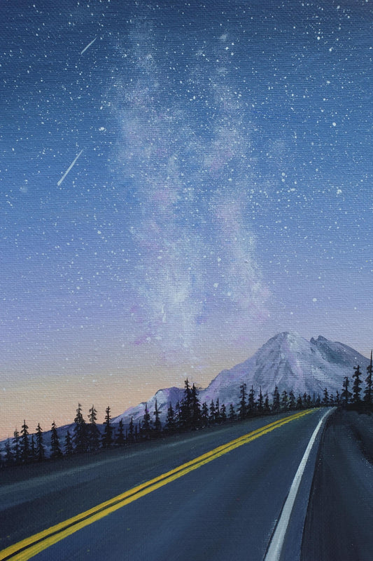 Road to the Stars: Mountain Highway Under a Starry Night - Original 8x10” Acrylic Painting