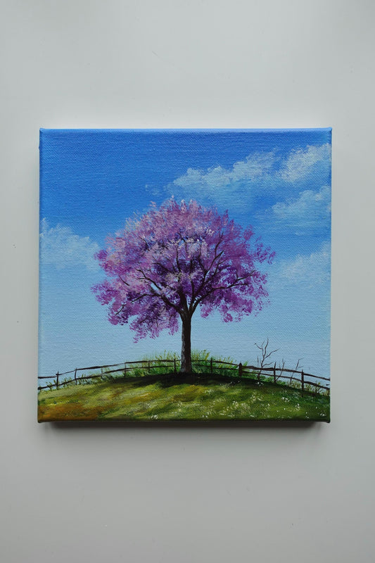 Cherry Blossom Tree Painting: Original Acrylic Garden Landscape (8x8)