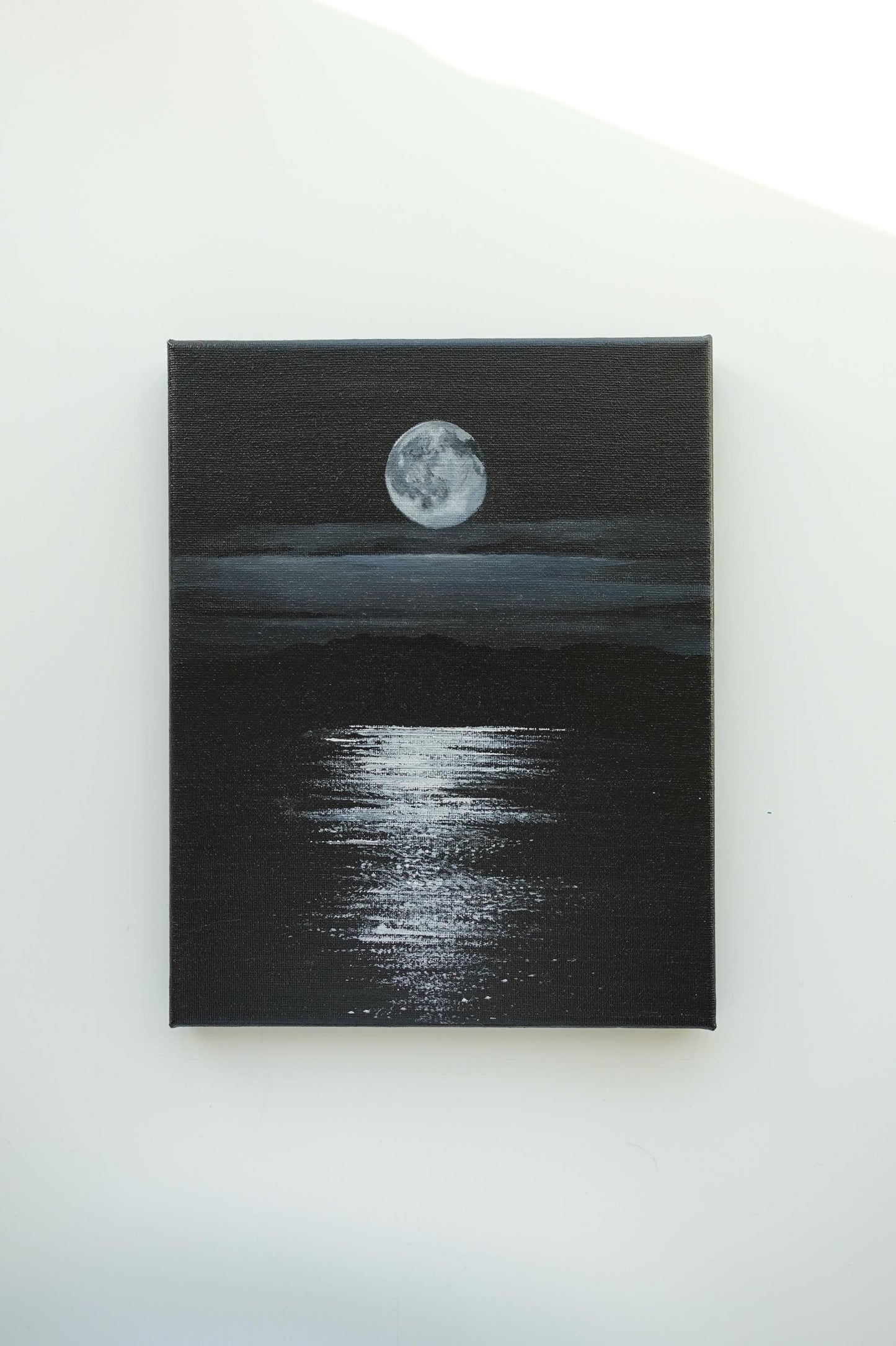 Moonlit acrylic painting on stretched canvas by AB mini ART. Aesthetic black and white nature landscape painting. Acrylic on canvas. Moon over the ocean. Moon reflections over the ocean home decor wall art for giftlandscape artworkab mini. Hand painted original artwork