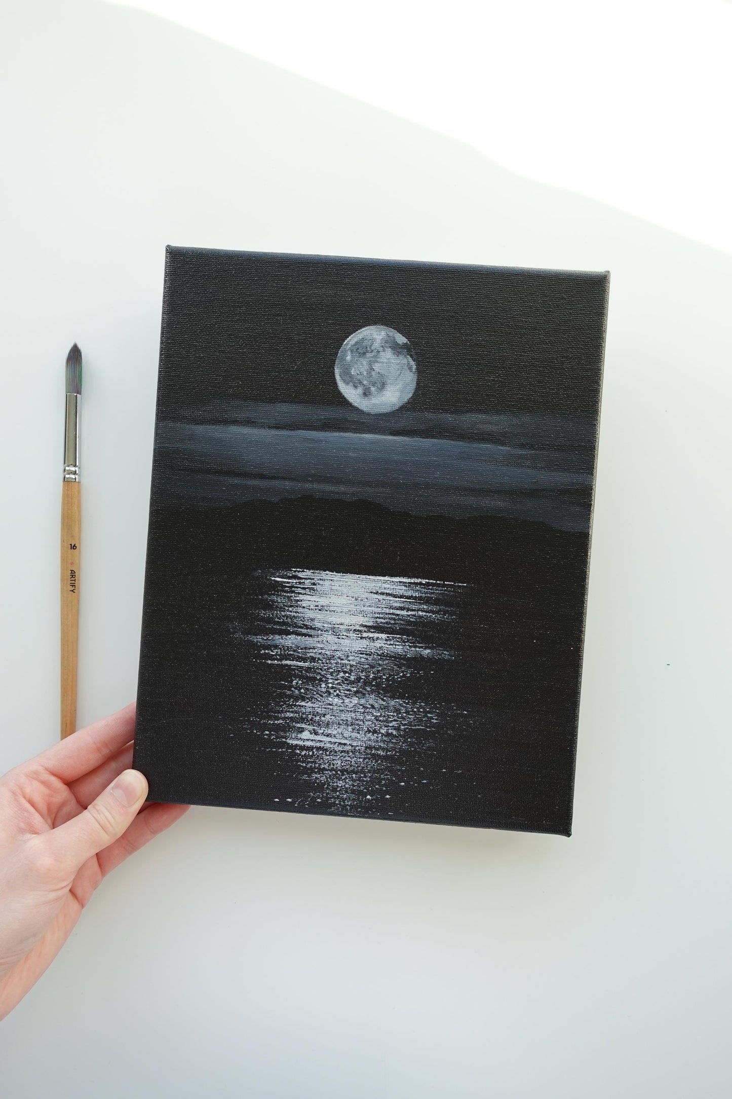 Original Moonlit Nightscape Painting: Minimalist Black and White Art (8x10 Canvas)