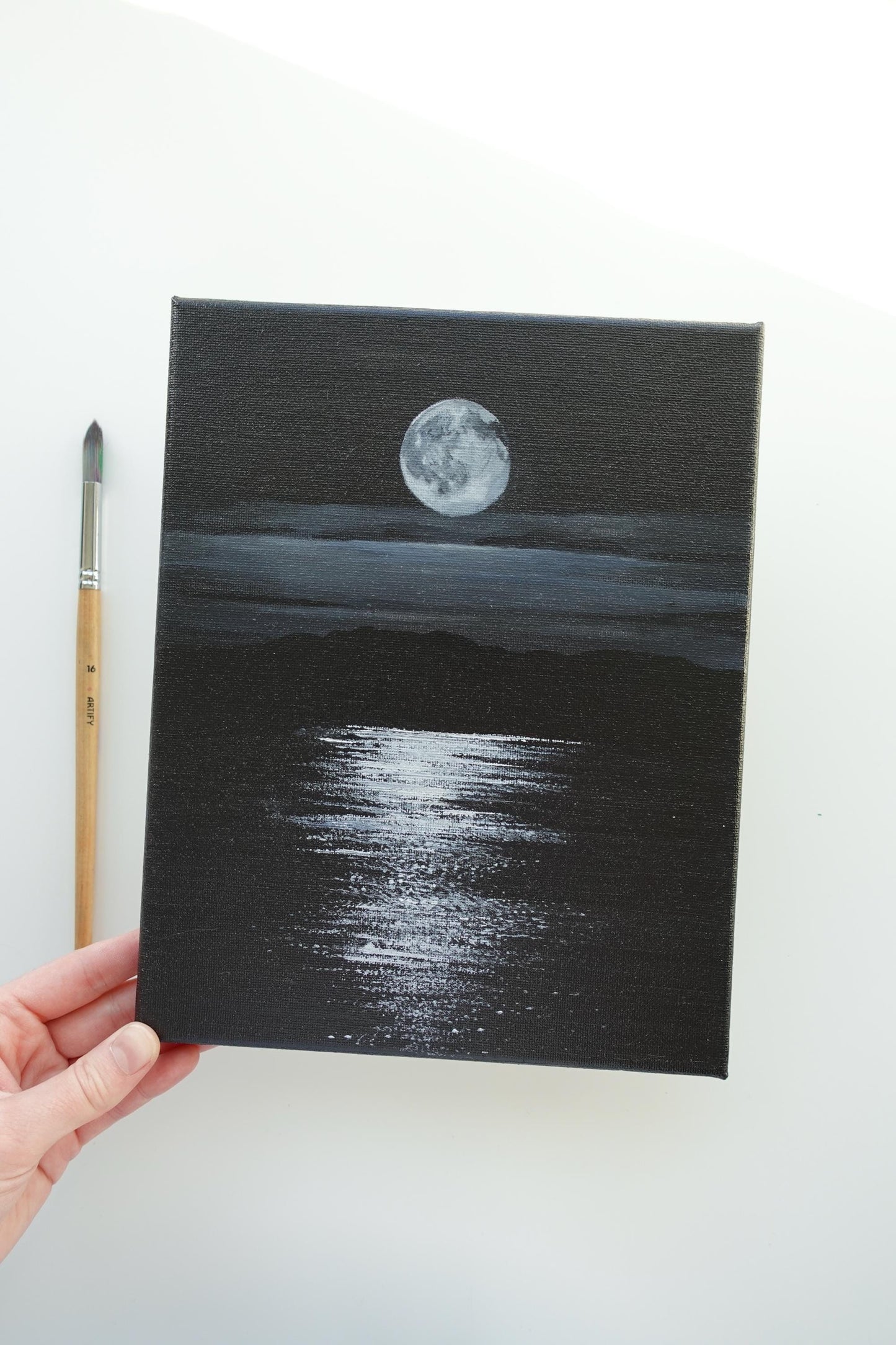 Original Moonlit Nightscape Painting: Minimalist Black and White Art (8x10 Canvas)