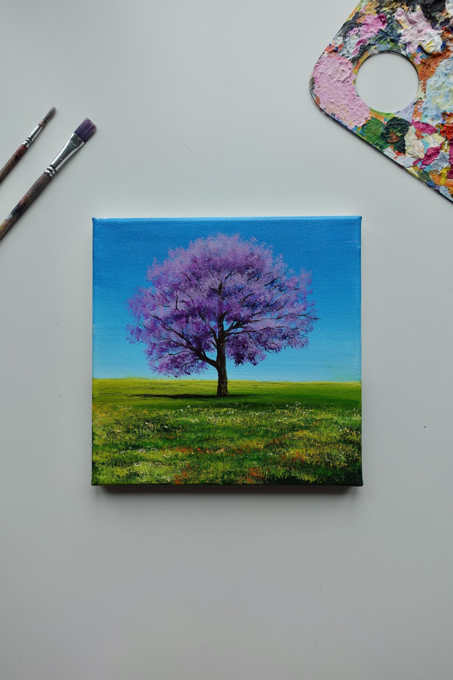 Acrylic painting on stretched canvas by AB mini ART. Purple tree on a green vibrant field. Nature original landscape artwork. Traditional art. Home decor wall art mini painting